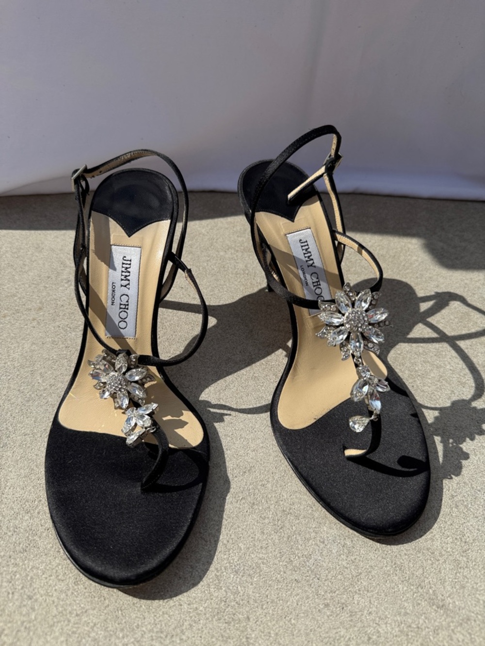 Jimmy Choo T-Strap Sandals with Crystal Floral Accents